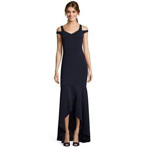 NEW Adrianna Papell Long Crepe Dress Formal Size 14 Black V-Neck High Low Prom